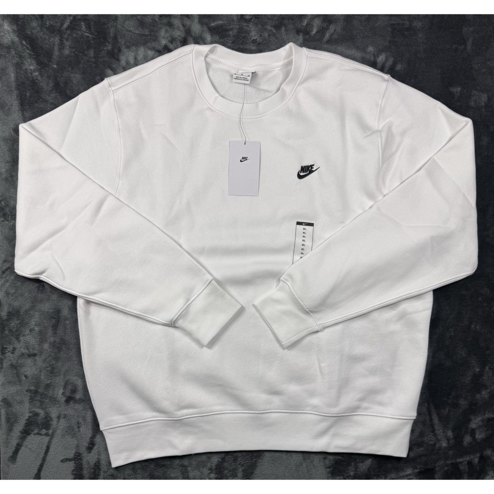 NWT Nike Club Fleece Crewneck Sweatshirt Mens XL White Black Swoosh FN3886-100